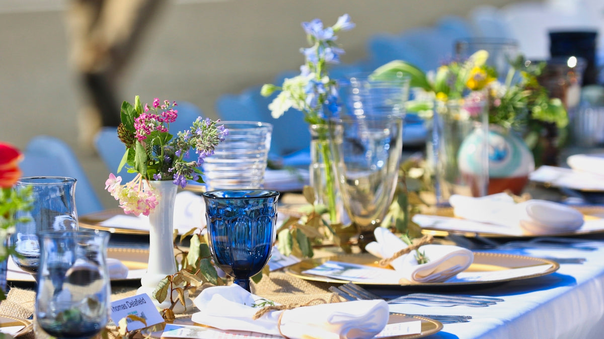 blue drinking glass on table