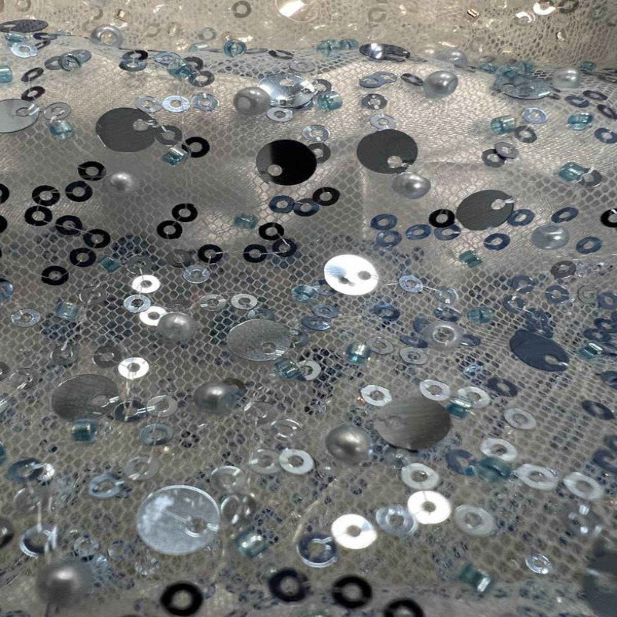 Slate Blue Soft Tulle Mesh Fabric Heavily Embellished with Sequins Fabric by the Yard - 52 Inch Wide