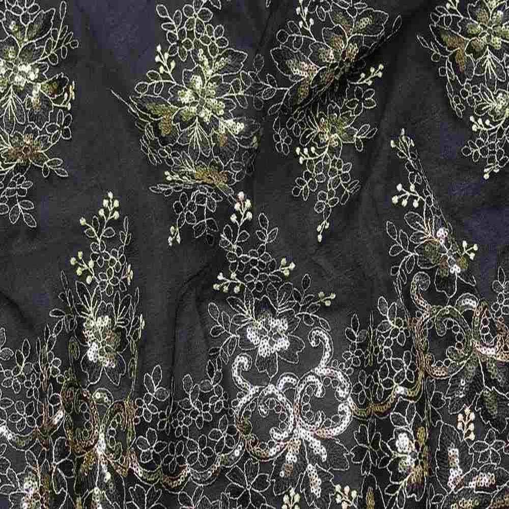 Black/Gold Rowley Sequin Embroidered Mesh Fabric. Lace Netting Material - 52 Inch in Width Fabric by the Yard - 52 Inch Wide