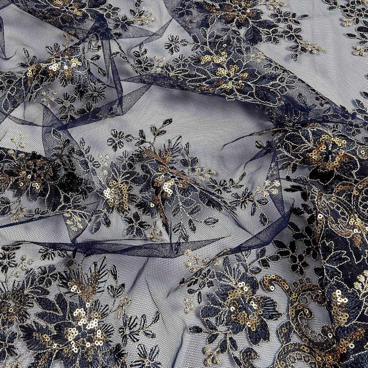 Navy/Gold Rowley Sequin Embroidered Mesh Fabric. Lace Netting Material - 52 Inch in Width Fabric by the Yard - 52 Inch Wide