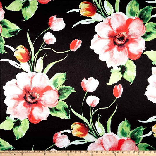 TROPICAL Floral Digital Print Satin - Tablecloth - Rose-Black