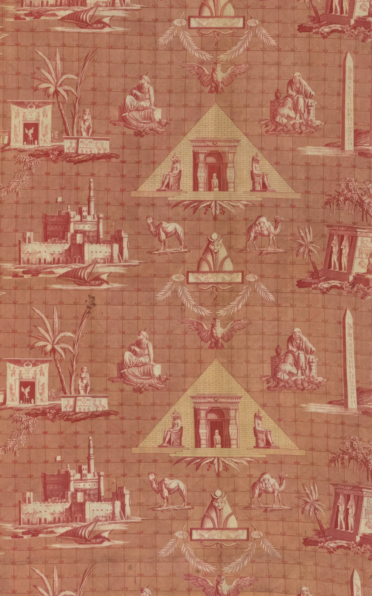 a red and beige wallpaper with a pyramid design