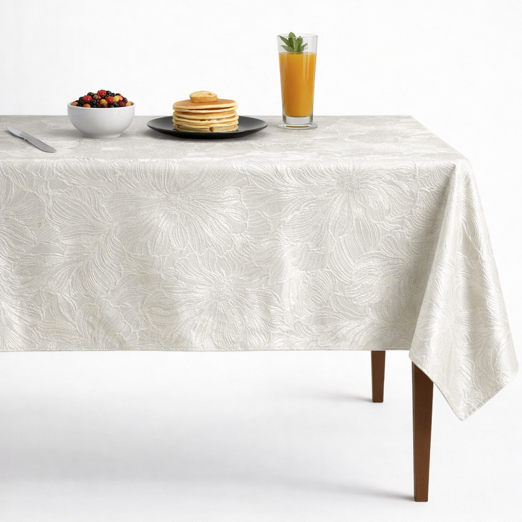 Delhi Metallic Flower Jacquard Tablecloth – Antique White