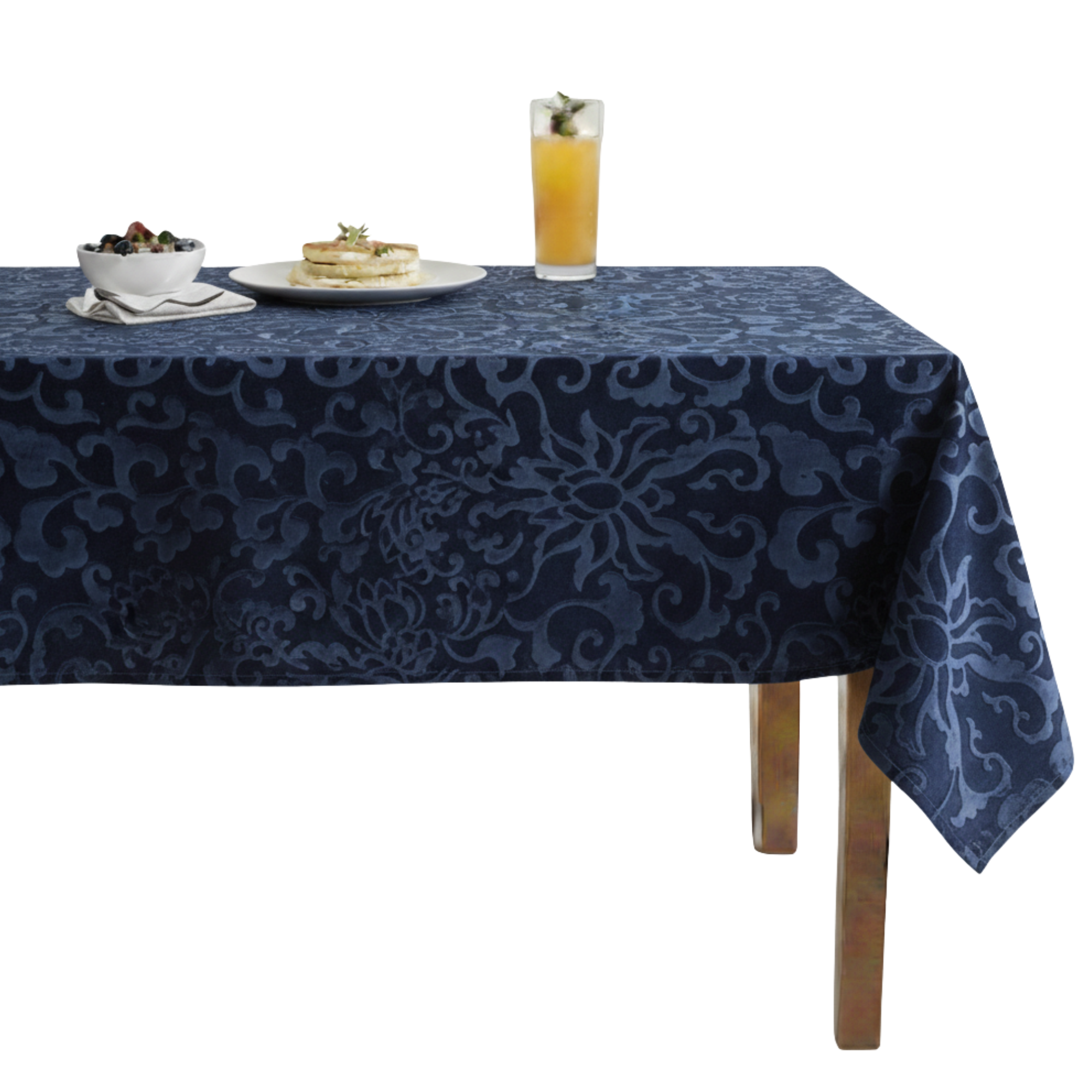 Vails Embossed Scroll Velvet Tablecloth – Navy