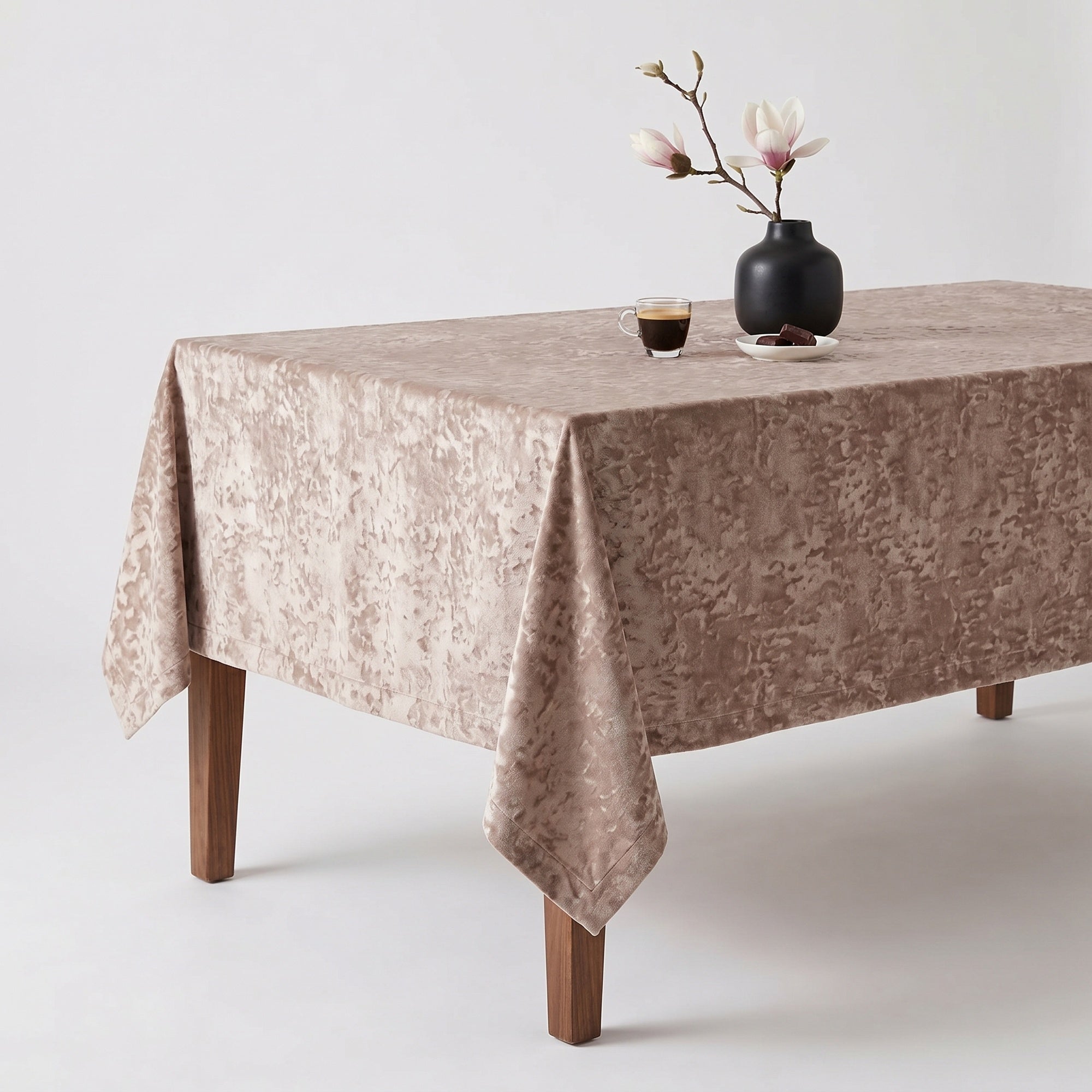 Blush velvet tablecloth on a styled dining table