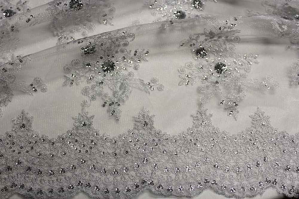 silver-1 BLOSSOM/B Embroidered Sheer With Sequin Fabric by the Yard - 54 Inch Wide