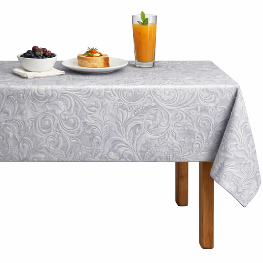 Brocade Scroll Velvet Tablecloth – White
