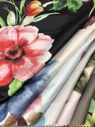 Turquoise TROPICAL Floral Digital Print Satin Fabric - Cotton Hand - 58 Inch. in Width Fabric by the Yard - 58 Inch Wide