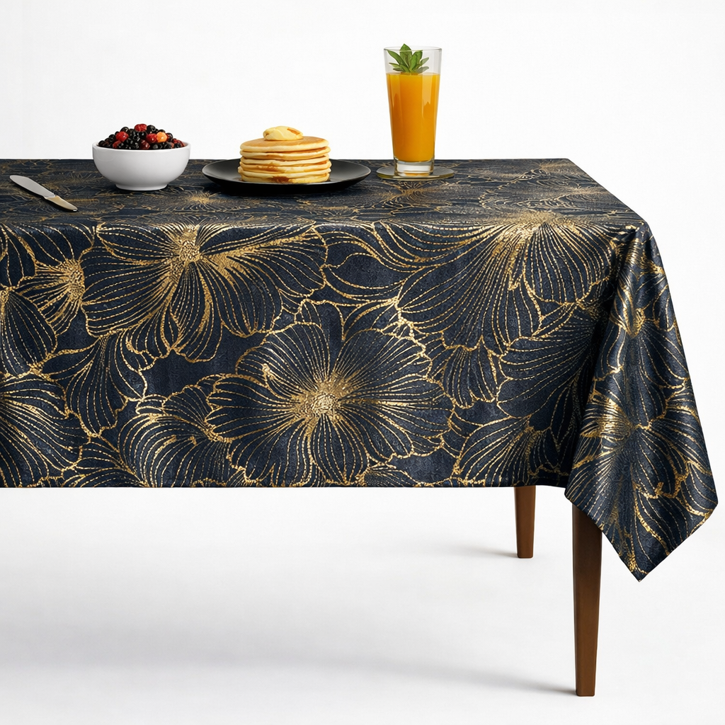 Delhi Metallic Flower Jacquard Tablecloth - Navy