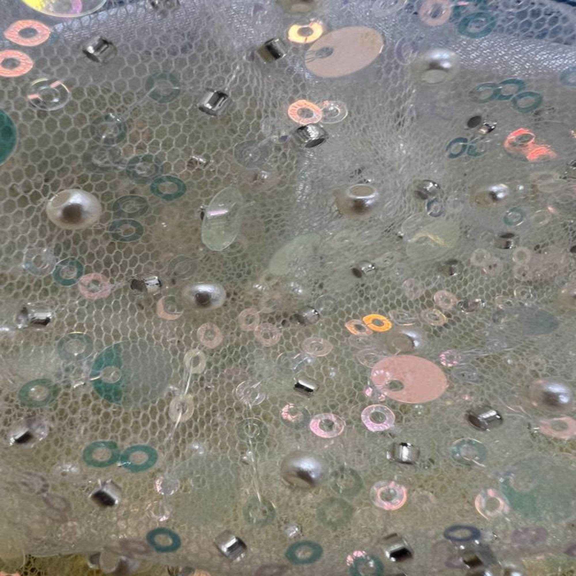 Ivory Soft Tulle Mesh Fabric Heavily Embellished with Sequins Fabric by the Yard - 52 Inch Wide