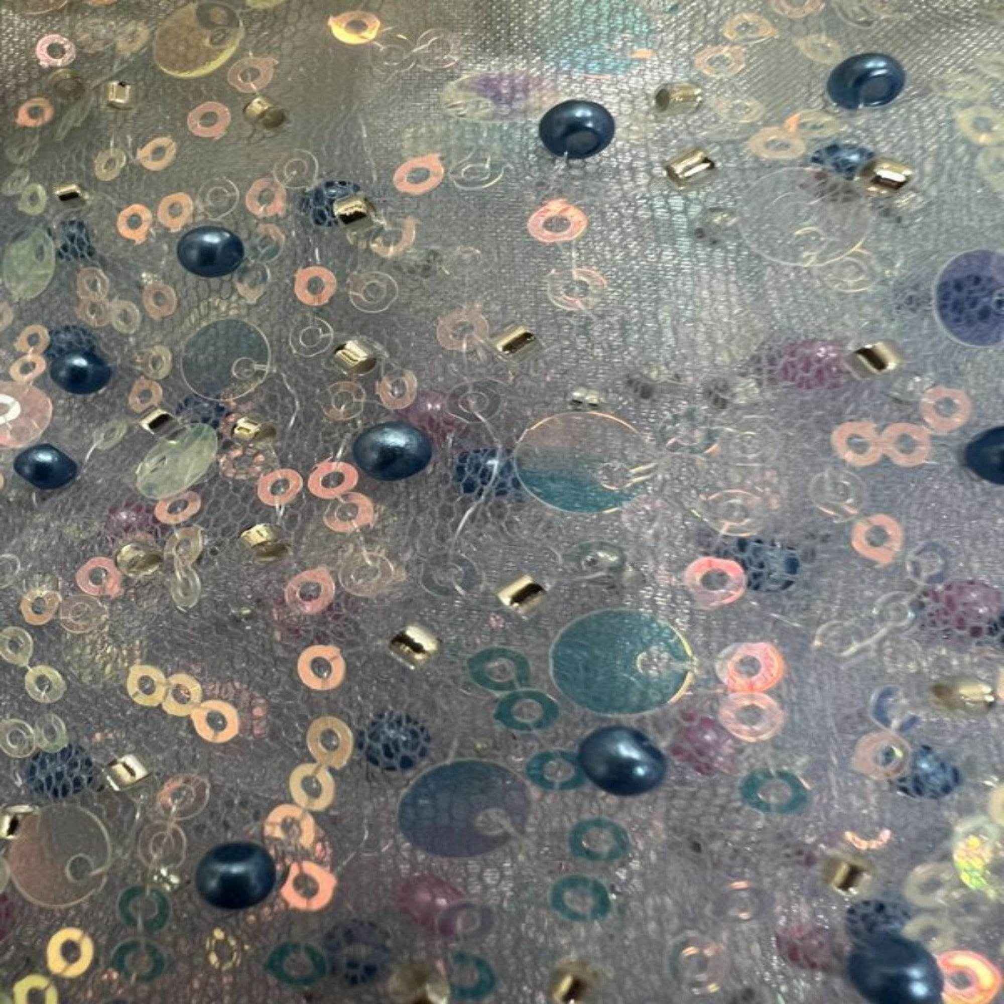 Turquoise Soft Tulle Mesh Fabric Heavily Embellished with Sequins Fabric by the Yard - 52 Inch Wide
