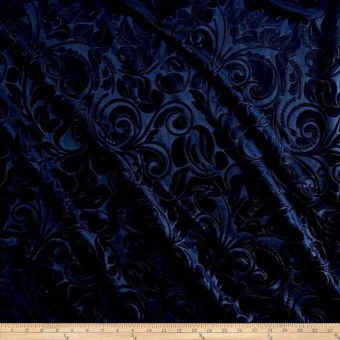 Navy Brocade Scroll Velvet Fabric by the Yard - 58 Inch Wide