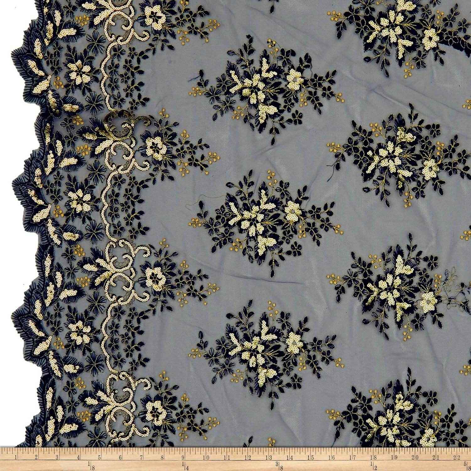 Navy/Gold Rowley Sequin Embroidered Mesh Fabric. Lace Netting Material - 52 Inch in Width Fabric by the Yard - 52 Inch Wide