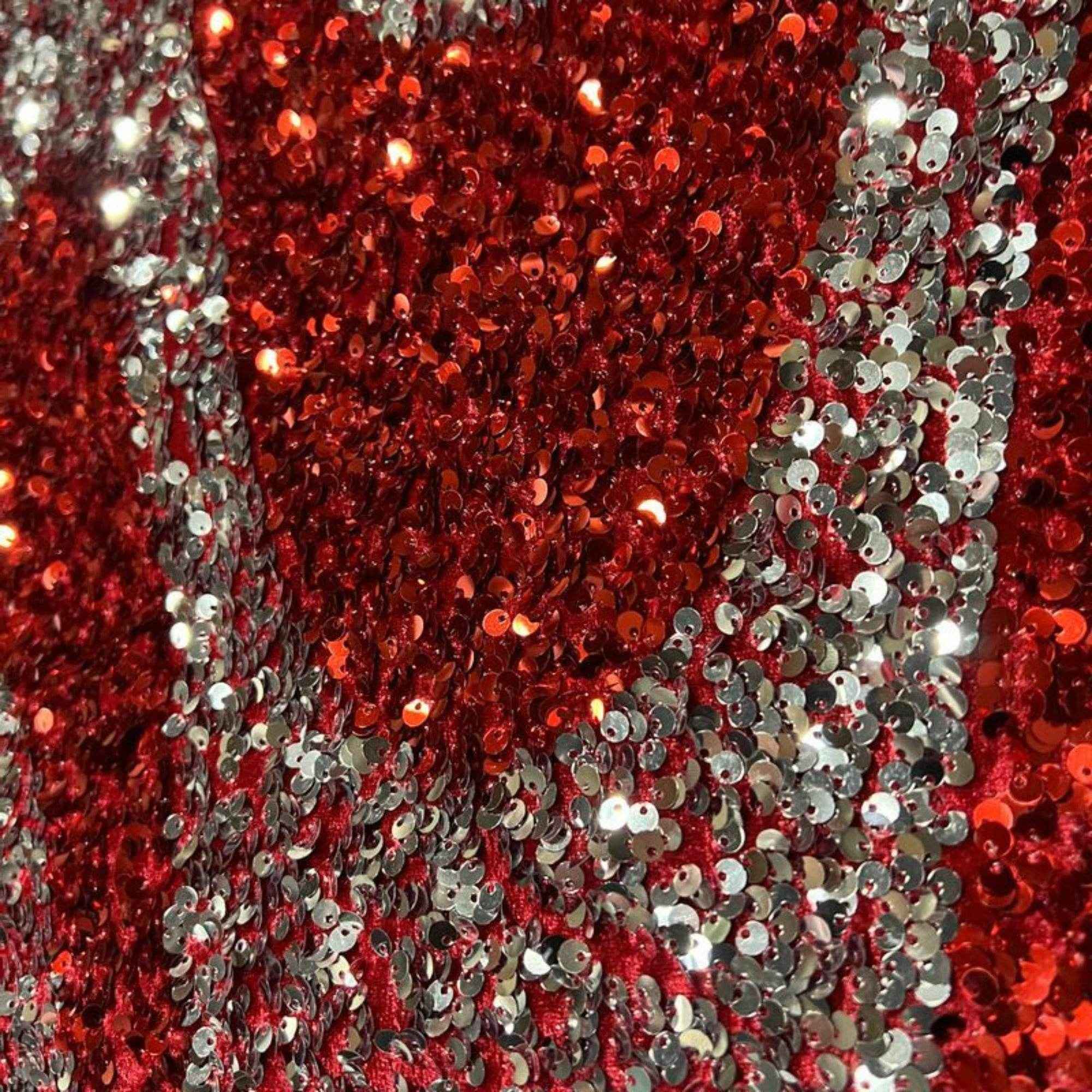 Red/Silver Selectra Waves Stretch Velvet Sequin Fabric by the Yard - 48 Inch Wide