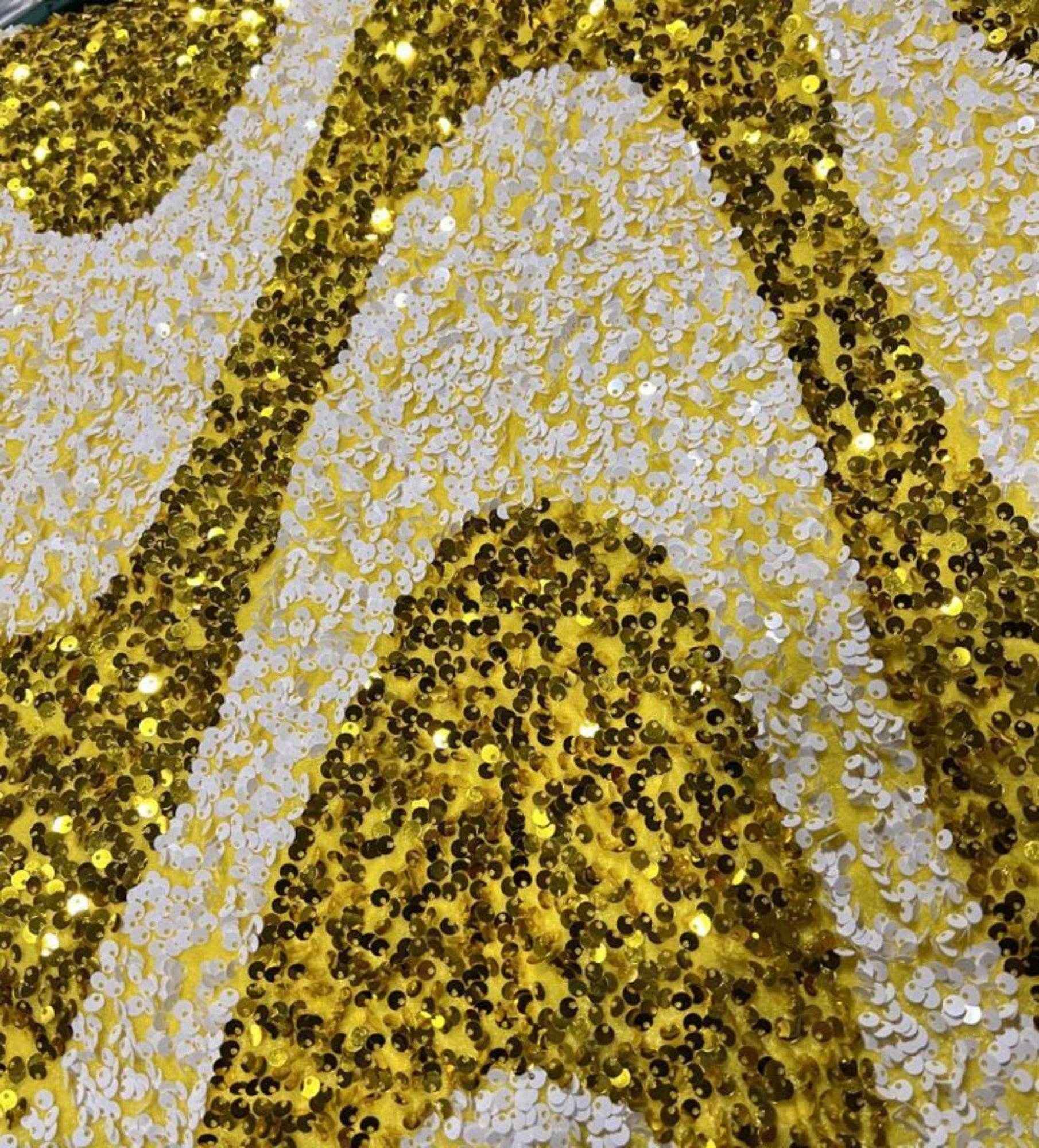 Yellow/White Selectra Waves Stretch Velvet Sequin Fabric by the Yard - 48 Inch Wide