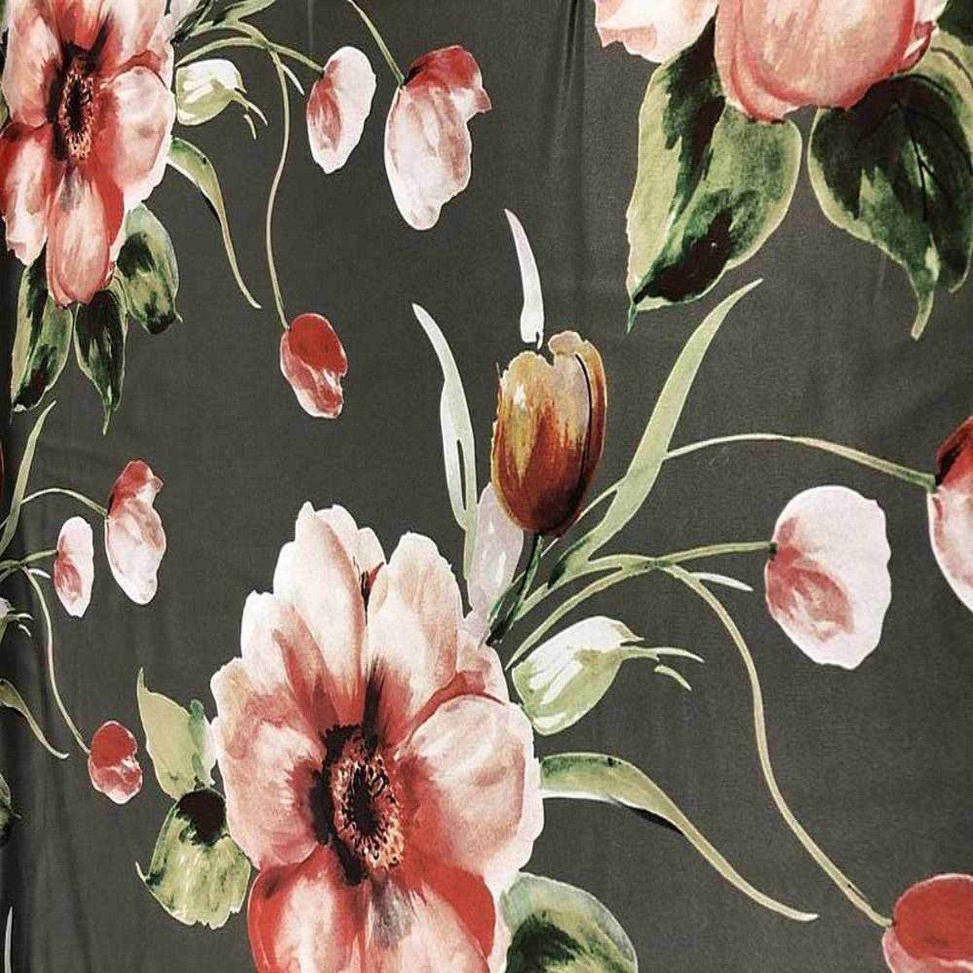 Olive TROPICAL Floral Digital Print Satin Fabric - Cotton Hand - 58 Inch. in Width Fabric by the Yard - 58 Inch Wide