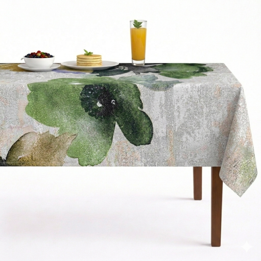 Aster Floral Digital Print Metallic Tablecloth-Green