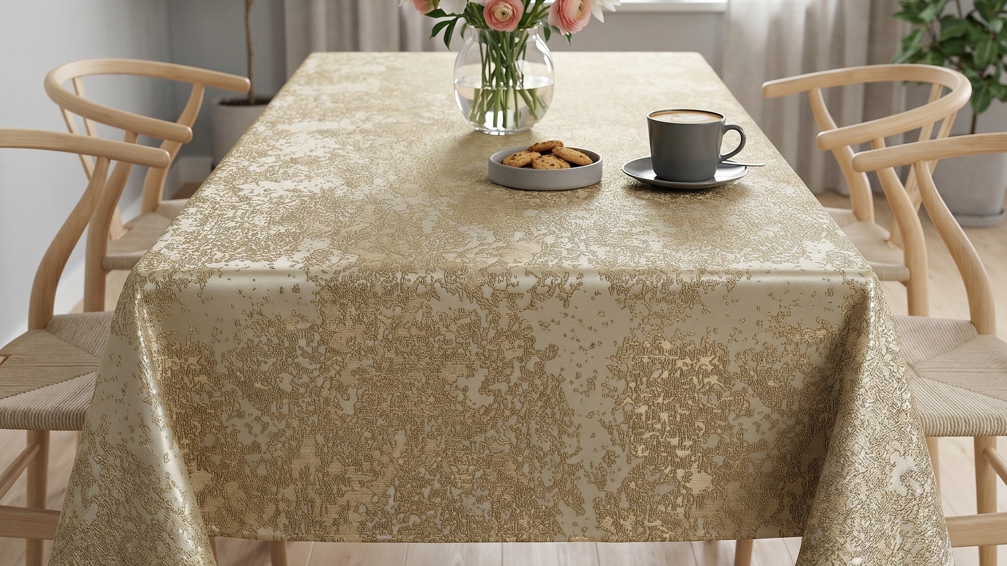 Elegant champagne tablecloth on a dining table — The Tablecloth Store